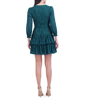 Eliza J Novelty Chiffon Surplice V-Neck 3/4 Sleeve Tie Waist Tiered Mini Dress