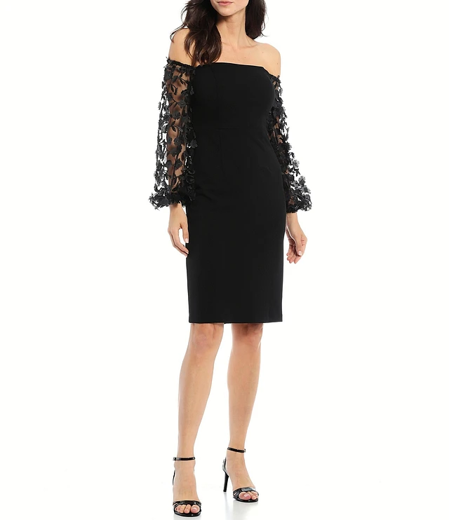 Compare Eliza J Off-the-Shoulder Balloon 3D Floral Sleeve Sheath Dress | Hamilton Place Compare Eliza J Off-the-Shoulder Balloon 3D Floral Sleeve Sheath Dress | Hamilton Place