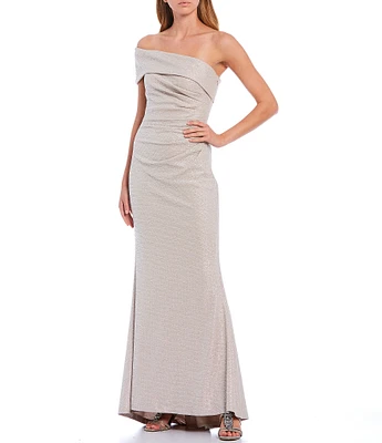 Eliza J Off-the-Shoulder Short Sleeve Side Ruched Foiled Knit Sheath Gown