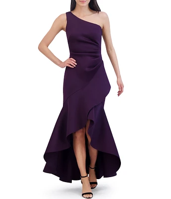 Eliza J One Shoulder Sleeveless Gathered Pleat Side Cascading Ruffle Gown