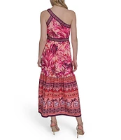 Eliza J One Shoulder Tropical Floral Print Tiered A-Line Midi Dress