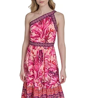 Eliza J One Shoulder Tropical Floral Print Tiered A-Line Midi Dress