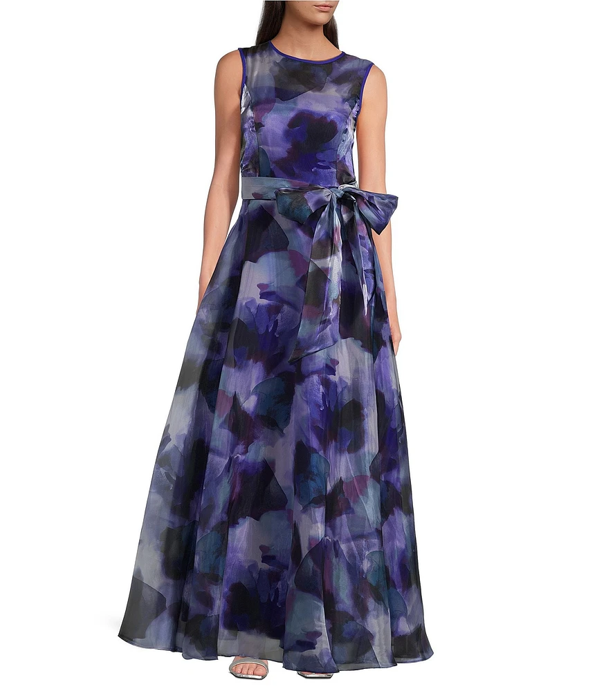 Eliza J Organza Floral Print Crew Neck Sleeveless Front Bow Gown