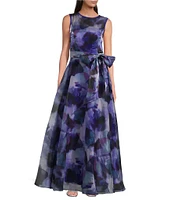 Eliza J Organza Floral Print Crew Neck Sleeveless Front Bow Gown