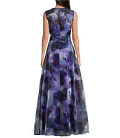 Eliza J Organza Floral Print Crew Neck Sleeveless Front Bow Gown