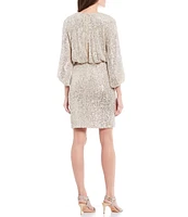 Eliza J Petite Size Sequin Surplice V-Neck 3/4 Balloon Sleeve Blouson Dress