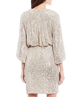 Eliza J Petite Size Sequin Surplice V-Neck 3/4 Balloon Sleeve Blouson Dress