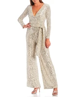 Eliza J Petite Size Sequin V-Neck Long Sleeve Straight Leg Wrap Jumpsuit