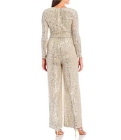 Eliza J Petite Size Sequin V-Neck Long Sleeve Straight Leg Wrap Jumpsuit