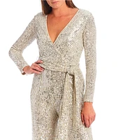 Eliza J Petite Size Sequin V-Neck Long Sleeve Straight Leg Wrap Jumpsuit