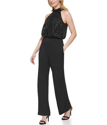 Eliza J Petite Size Sleeveless Mock Neck Sequin Top Jumpsuit