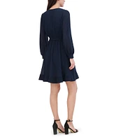 Eliza J Pleated Chiffon V-Neck Long Sleeve Tie Waist Mini Dress