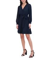 Eliza J Pleated Chiffon V-Neck Long Sleeve Tie Waist Mini Dress