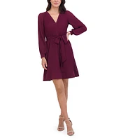 Eliza J Pleated Chiffon V-Neck Long Sleeve Tie Waist Mini Dress