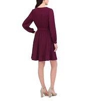 Eliza J Pleated Chiffon V-Neck Long Sleeve Tie Waist Mini Dress