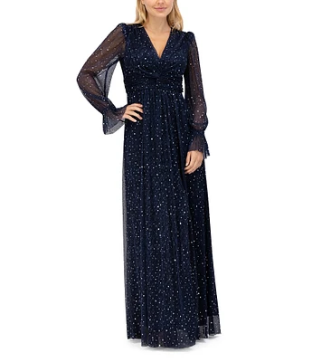 Eliza J Pleated Metallic Knit V-Neckline Puff Shoulder Long Sleeve Gown