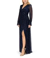 Eliza J Pleated Metallic Knit V-Neckline Puff Shoulder Long Sleeve Gown