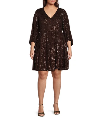 Eliza J Plus Size 3/4 Balloon Sleeve V-Neck Sequin Sheath Dress