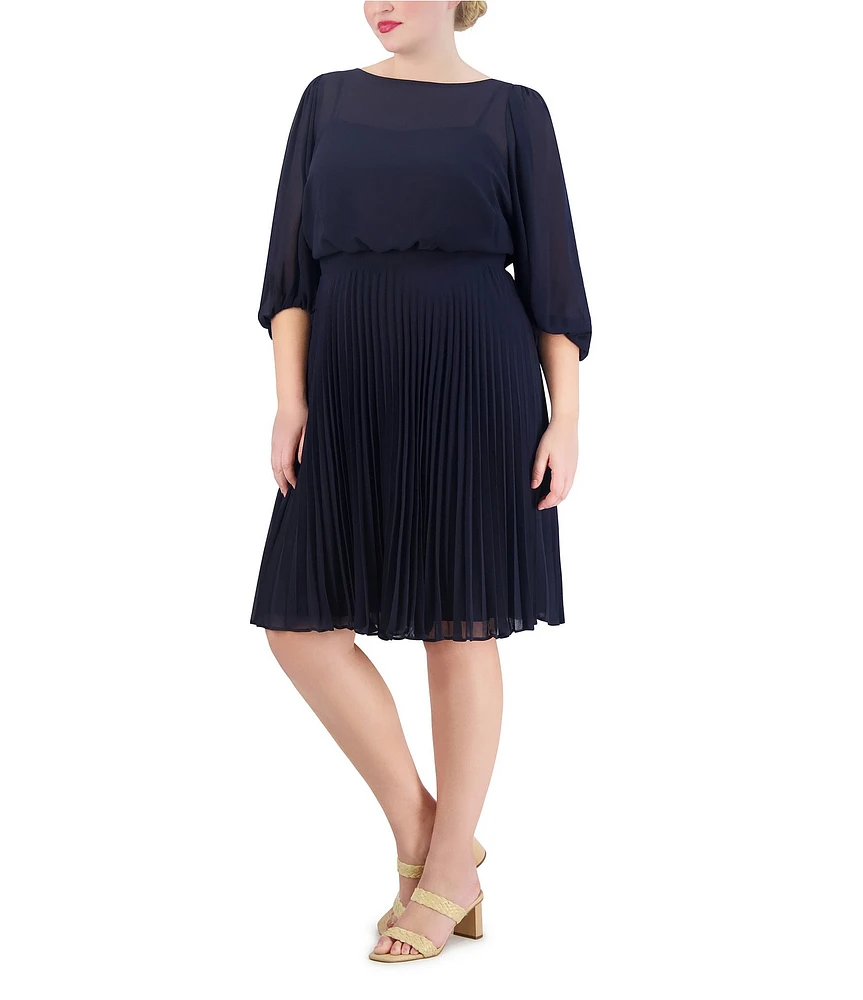 Eliza J Plus Size 3/4 Sleeve Illusion Crew Neck Pleated Skirt Chiffon Midi Dress