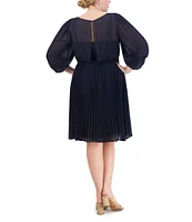 Eliza J Plus Size 3/4 Sleeve Illusion Crew Neck Pleated Skirt Chiffon Midi Dress