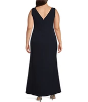 Eliza J Plus Size Crepe Sleeveless Boat Neck Front Ruffle Slit A-Line Gown