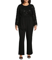 Eliza J Plus Size Crew Neck Long Sleeve Sequin Fringe Jumpsuit