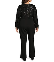 Eliza J Plus Size Crew Neck Long Sleeve Sequin Fringe Jumpsuit