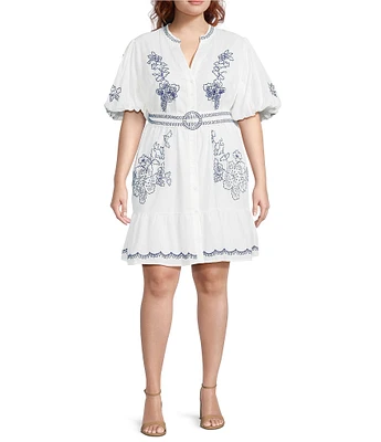 Eliza J Plus Size Embroidered Split V-Neckline Short Sleeve Shirt Dress