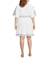 Eliza J Plus Size Embroidered Split V-Neckline Short Sleeve Shirt Dress