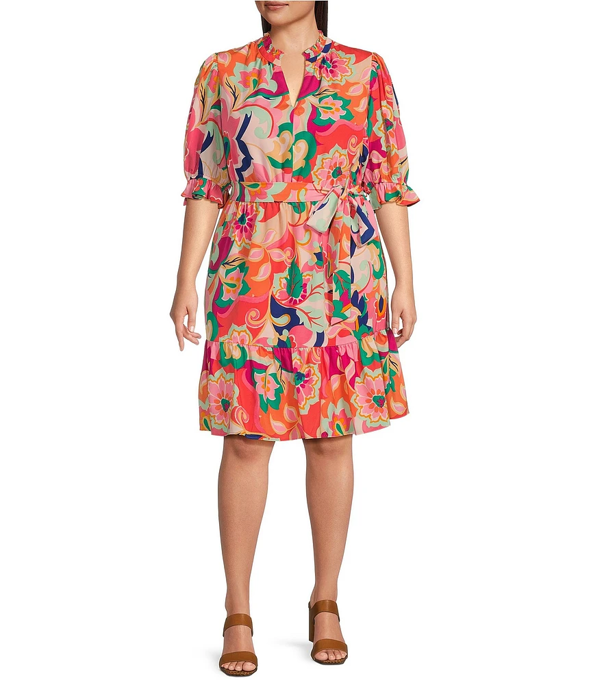 Eliza J Plus Size Floral Print V Neck Short Puff Sleeve Waist Tie Belt A-Line Dress