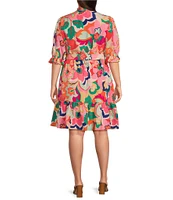 Eliza J Plus Size Floral Print V Neck Short Puff Sleeve Waist Tie Belt A-Line Dress