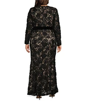 Eliza J Plus Size Lace V-Neck Long Sleeve Tie Sash Sheath Gown