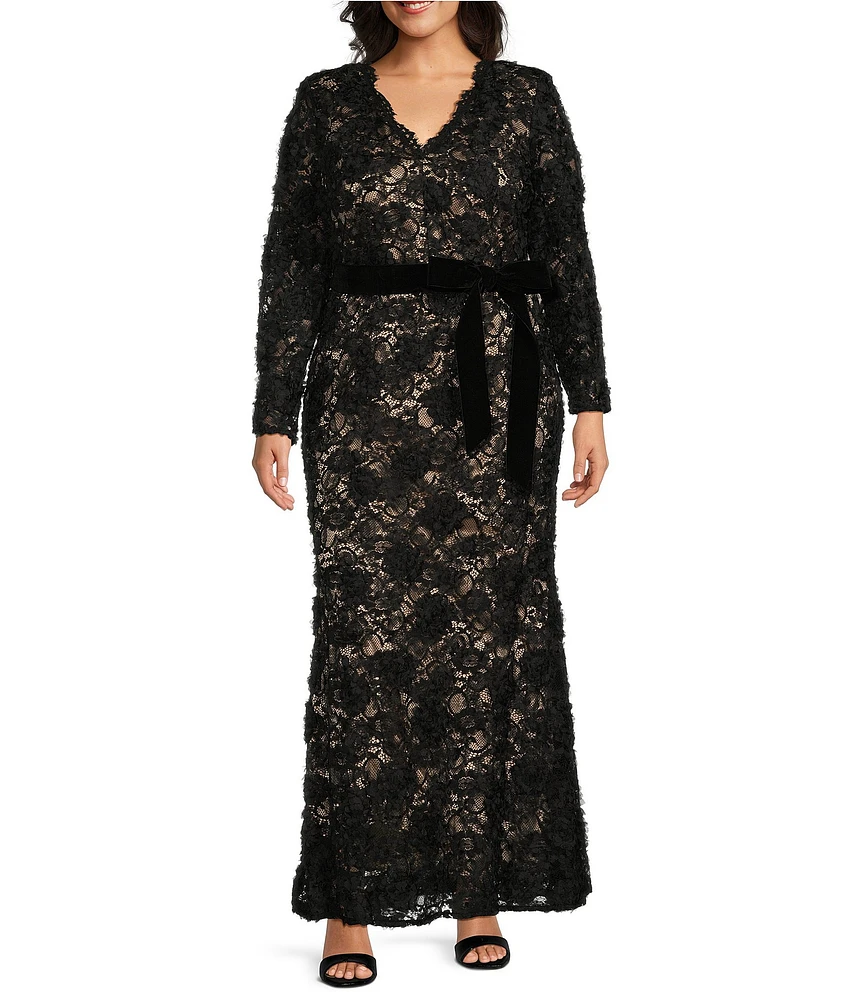 Eliza J Plus Size Lace V-Neck Long Sleeve Tie Sash Sheath Gown