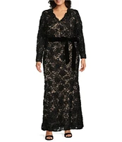 Eliza J Plus Size Lace V-Neck Long Sleeve Tie Sash Sheath Gown