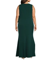 Eliza J Plus Size Laguna Crepe Crew Neck Sleeveless Ruffle Bow Gown