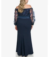 Eliza J Plus Size Long Sleeve Off-the-Shoulder Bow Waist Embroidered Lace Gown