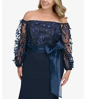 Eliza J Plus Size Long Sleeve Off-the-Shoulder Bow Waist Embroidered Lace Gown