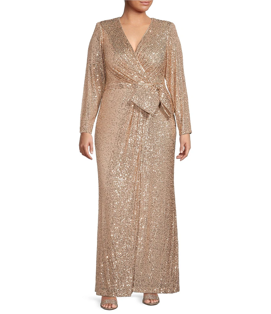 Eliza J Plus Size Long Sleeve Surplice V-Neck Bow Waist Sequin Faux Wrap Gown