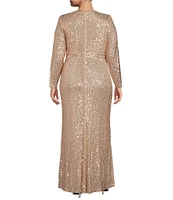 Eliza J Plus Size Long Sleeve Surplice V-Neck Bow Waist Sequin Faux Wrap Gown