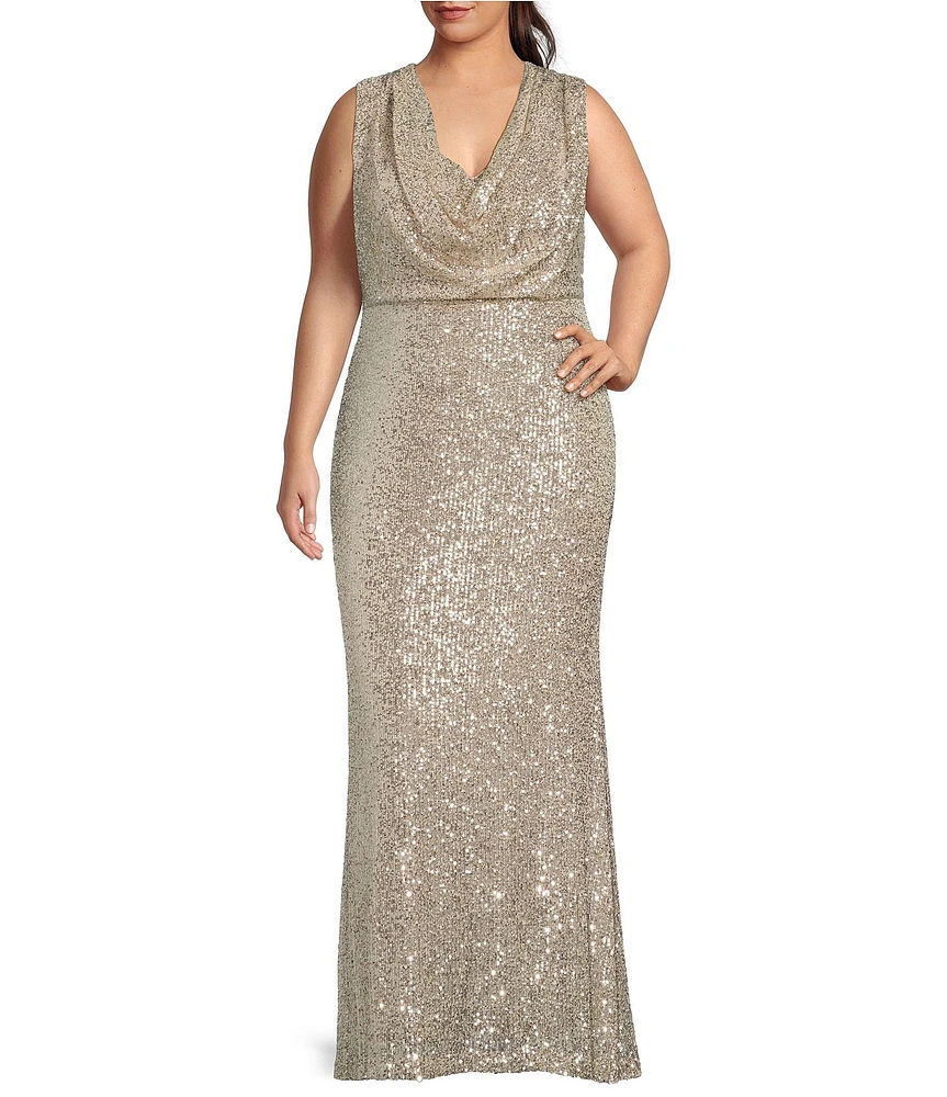 Eliza J Plus Size Sequin Halter Cowl Neck Sleeveless Gown