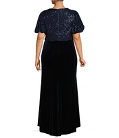 Eliza J Plus Size Sequin Velvet V-Neck Short Puff Sleeve Pleated Waist Mermaid Gown