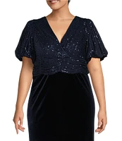 Eliza J Plus Size Sequin Velvet V-Neck Short Puff Sleeve Pleated Waist Mermaid Gown