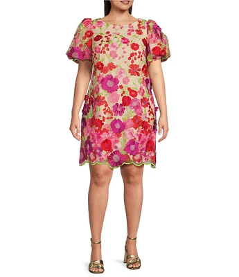 Eliza J Plus Size Short Puff Sleeve Crew Neck 3D Flower Dress