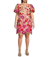 Eliza J Plus Size Short Puff Sleeve Crew Neck 3D Flower Dress