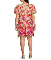 Eliza J Plus Size Short Puff Sleeve Crew Neck 3D Flower Dress