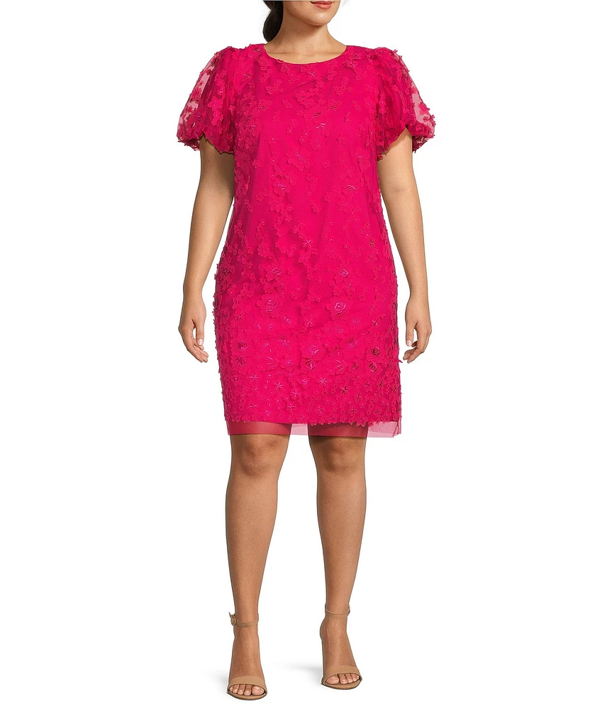 Eliza J Plus Size Short Puffed Sleeve Crew Neck 3D Floral Applique Shift Dress