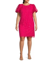 Eliza J Plus Size Short Puffed Sleeve Crew Neck 3D Floral Applique Shift Dress