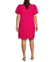 Eliza J Plus Size Short Puffed Sleeve Crew Neck 3D Floral Applique Shift Dress