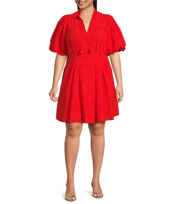 Eliza J Plus Size Short Sleeve Embroidered Cotton Mini Dress