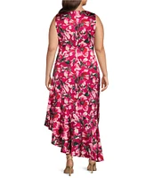 Eliza J Plus Size Sleeveless Crew Neck Asymmetrical Ruffle Hem Floral Midi Dress